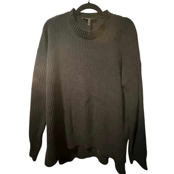 BCBGMAXAZRIA Chunky Ribbed Knit Crewneck High Low Drop-Shoulder Sweater Black XS - Picture 1 of 3